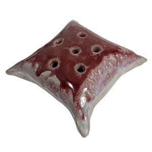 Handmade Ceramic Flower Pillow Vase Signed 2013 Red White Glaze Design